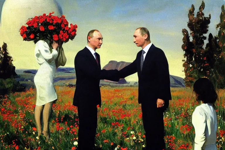 Prompt: vladimir putin greeting ufo with flowers, john singer sargent