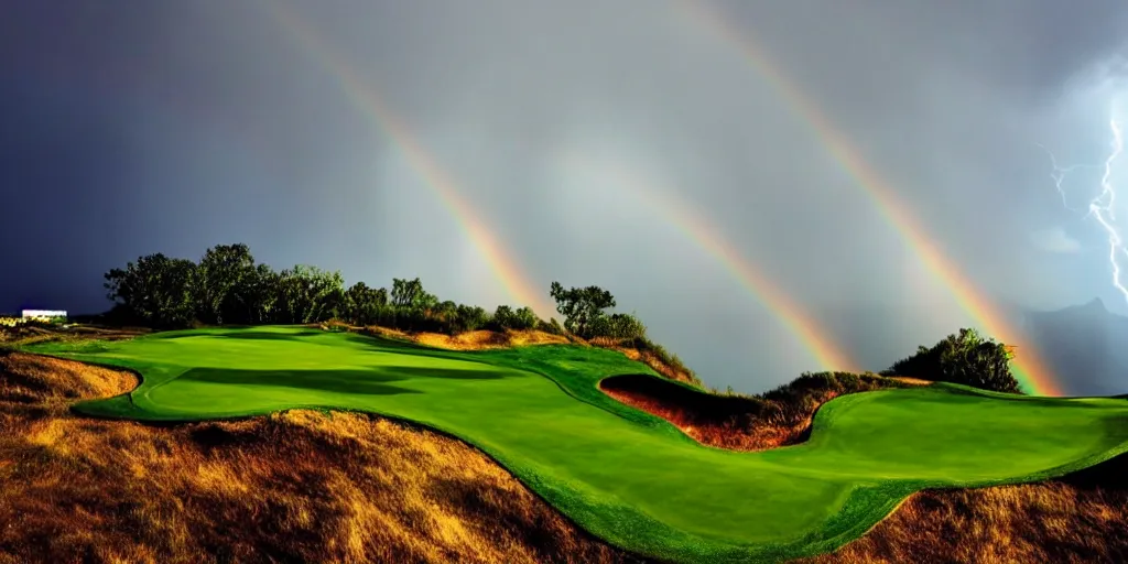 Prompt: a great photograph of the most amazing golf hole in the world, on top of the clouds, lightning storm and a rainbow, sunlight, ambient light, golf digest, top 1 0 0, fog