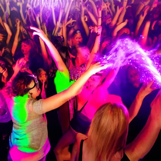 Prompt: large group of women clothed at a rave. Lasers. Smoke. Dancing. Photograph