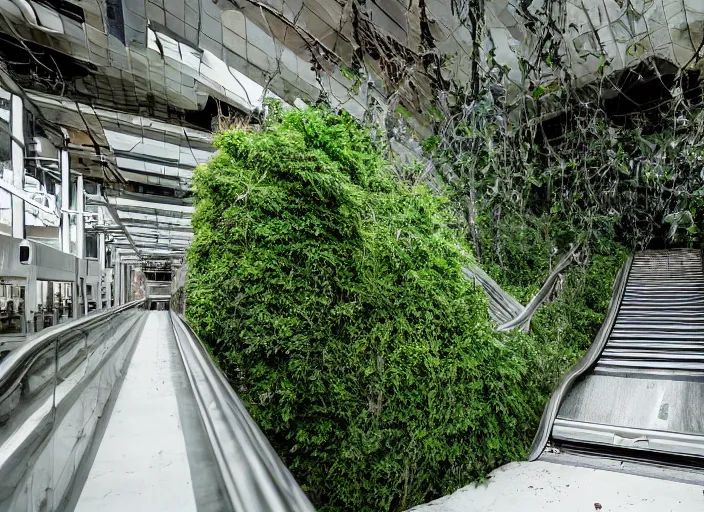 Prompt: an escalator in an abandoned mall in the 1 9 8 0 s, taken over by nature, covered in vines, dream pool, white ceramic tiles