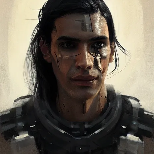 Image similar to portrait of a cyborg by greg rutkowski, he is about 3 0 years old, indian, very tall and slender, messy long black hair, he is wearing a black t - shirt, highly detailed portrait, digital painting, artstation, concept art, smooth, sharp foccus ilustration, artstation hq