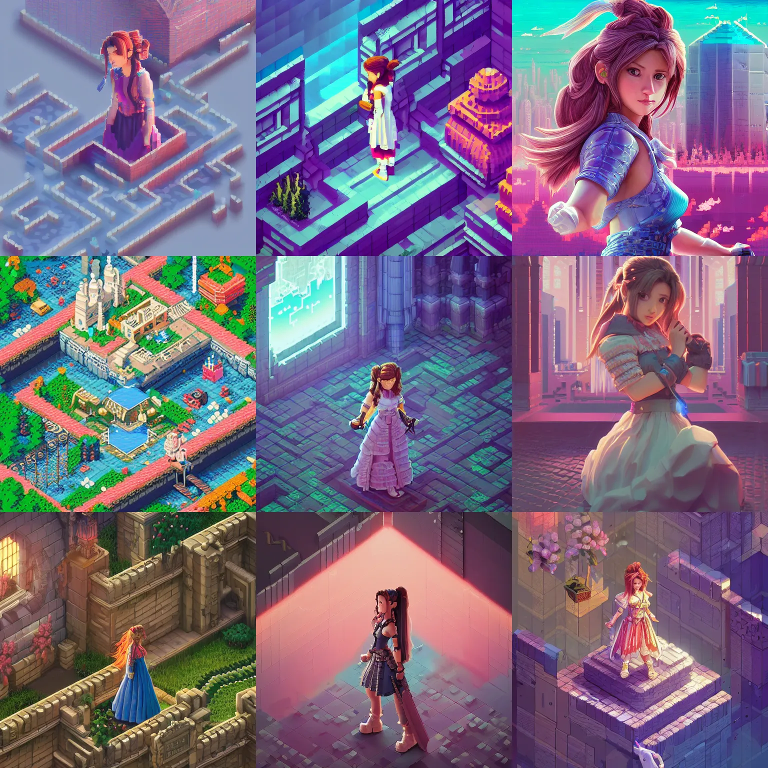 Prompt: pixel art isometric drawing, printerest, final fantasy aerith, intricate, epic lighting, cinematic composition, hyper realistic, 8 k resolution, unreal engine 5, by artgerm, tooth wu, dan mumford, beeple, wlop, rossdraws, james jean, andrei riabovitchev, marc simonetti, artstation