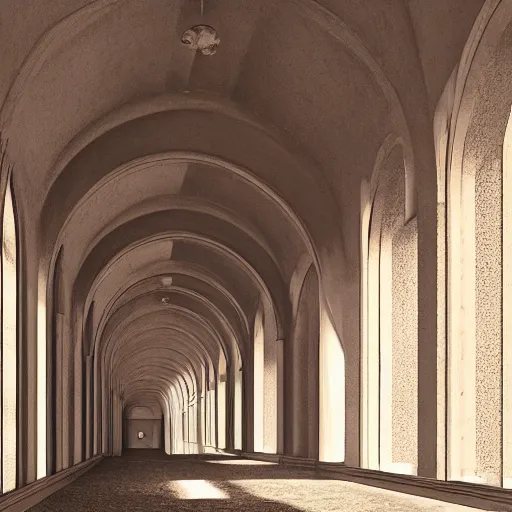 Image similar to a long retro asylum hallway, arched ceiling, one point perspective, vanishing point, symmetrical composition, rich colors, dramatic lighting, by lee madgwick, photorealistic, v - ray render 8 k uhd