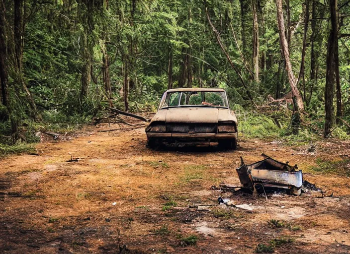 Image similar to an overgrown street corner, derelict vehicles taken by the vegetation, a camp fire sits in the forest ground with trees framing the shot,