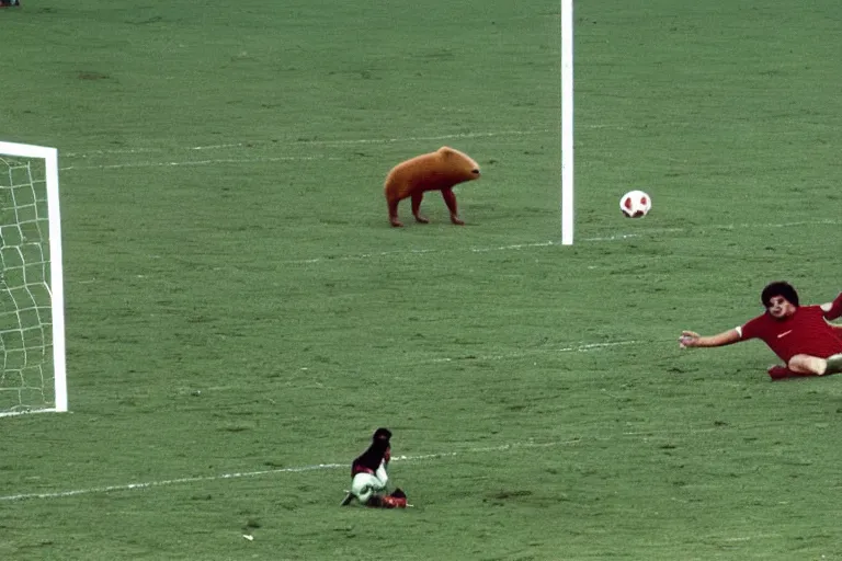 Image similar to diego maradona scoring a hand of god goal against a capybara goal keeper