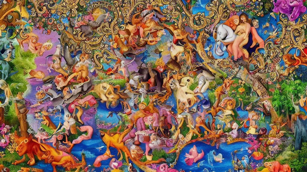 Image similar to an incredibly detailed masterpiece collaborative painting by bosch and lisa frank, ornate, detailed, high resolution, wow!, intricate