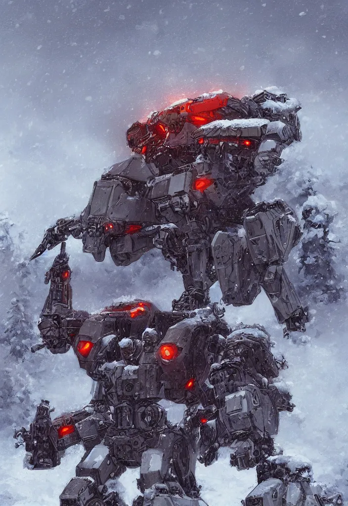 Prompt: Digital Art of a 1914 Mecha in the snow, Rozalski, trending on artstation