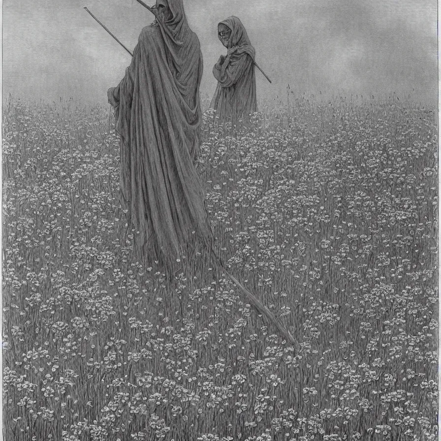 Image similar to grim reaper with no face at distance in beautiful meadow of flowers, detailed pencil illustration by gustave dore, highly detailed, centered, high resolution, smooth, sharp focus, illustration