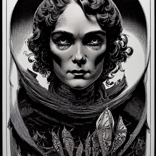 Image similar to portrait soft light, by bernie wrightson and joe fenton and simon bisley, inspired victorian sci - fi, etching, fine, sharp high detail, red and grey, screen print,