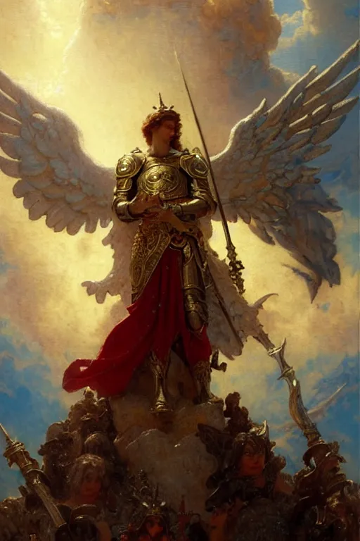 Image similar to saint michael the angel, guarding the world from evil. highly detailed painting by gaston bussiere, greg rutkowski 8 k