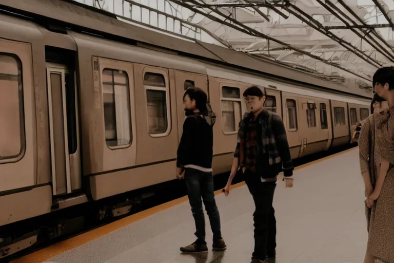 Image similar to vfx movie couple in a train station flat color profile cinematography