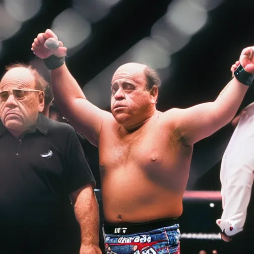 Prompt: a photograph of Danny DeVito inside a UFC match, portra 800