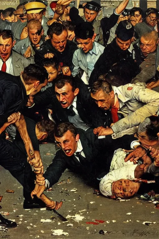 Image similar to Emmanuel Macron beating up rioters on the ground by Norman Rockwell