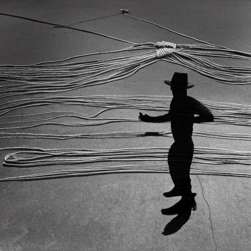 Prompt: full length photograph of noodles and ropes, in the shape of a man, backlit, high contrast, centered, roadway