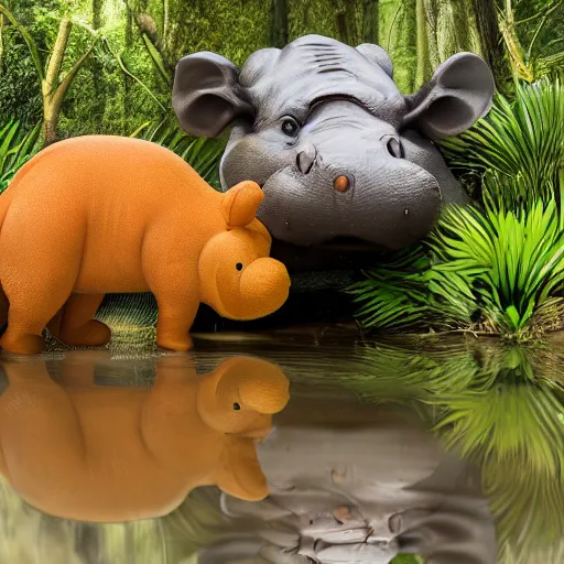 Image similar to Winnie the Pooh kissing a hippo in the jungle. Sony a7r IV, symmetric balance, polarizing filter, Photolab, lightroom, 8k, award-winning