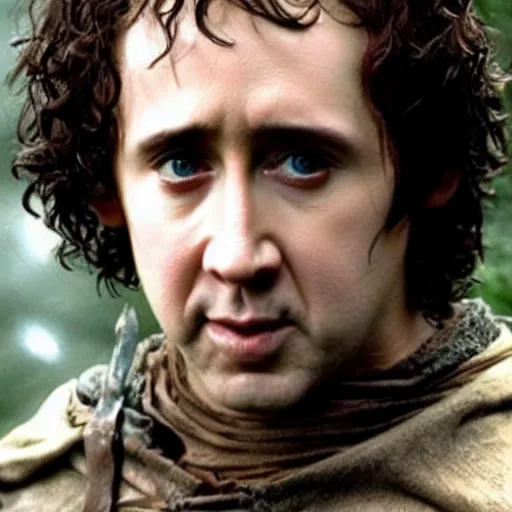 Prompt: nicolas cage as frodo in lord of the rings