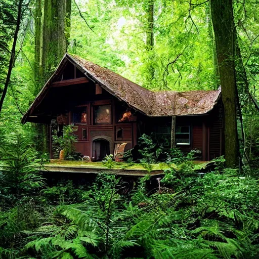 Image similar to national geographic cover photo of an weird house in the woods