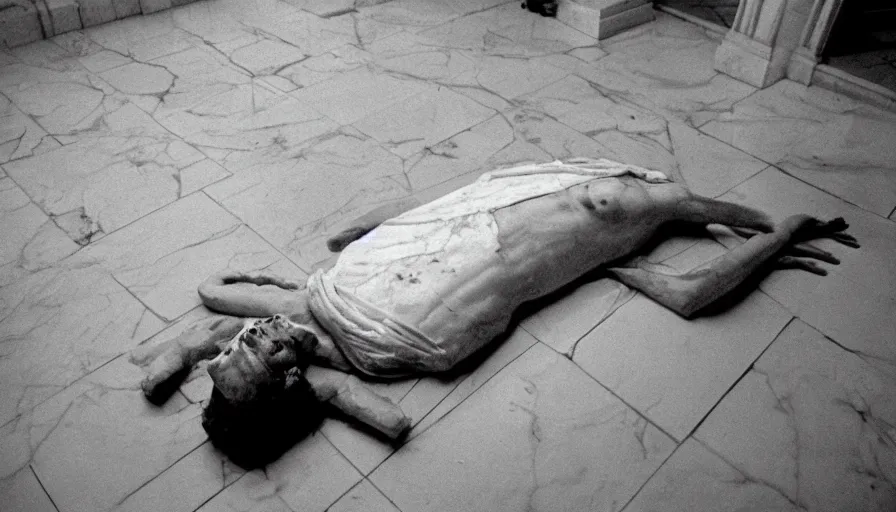 Prompt: 1 9 6 0 s movie still close - up of chrysippus of solis dead on the floor with a broken jaw in red drapery in a neoclassical marble room, cinestill 8 0 0 t 3 5 mm b & w, high quality, heavy grain, high detail, dramatic light, anamorphic, detailed beard, by josef sudek