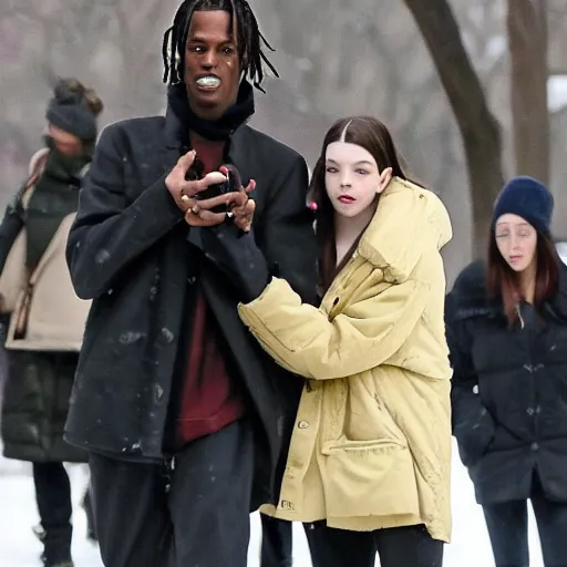 Prompt: travis scott dating anya taylor joy in central park at winter, symmetry photorealistic, dynamic light, ultra detailed, paparazzi photo