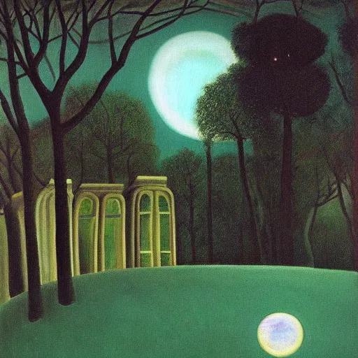 Image similar to central park at night, henri rousseau painting, moon light, teal palette