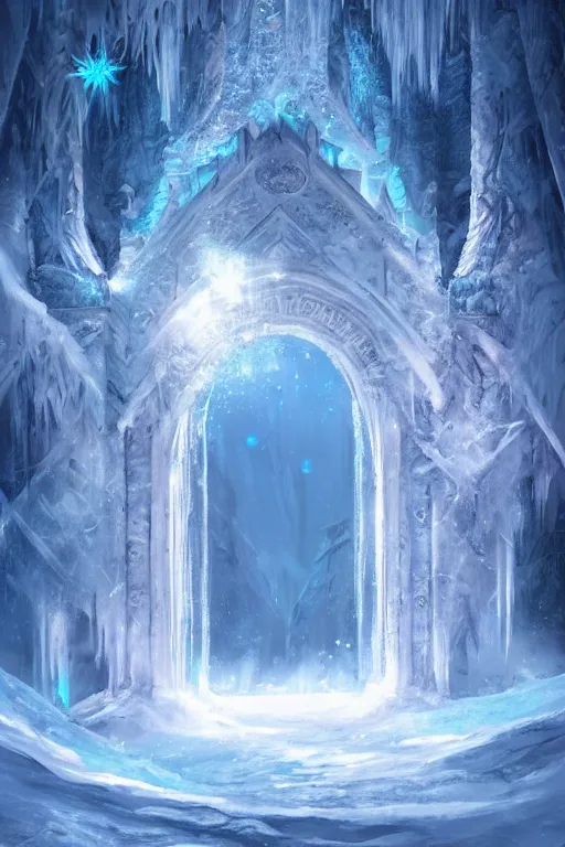 Prompt: gateway to a frozen realm in a dreamy beautiful fantasy landscape. Digital art. Very detailed. Trending on artstation.