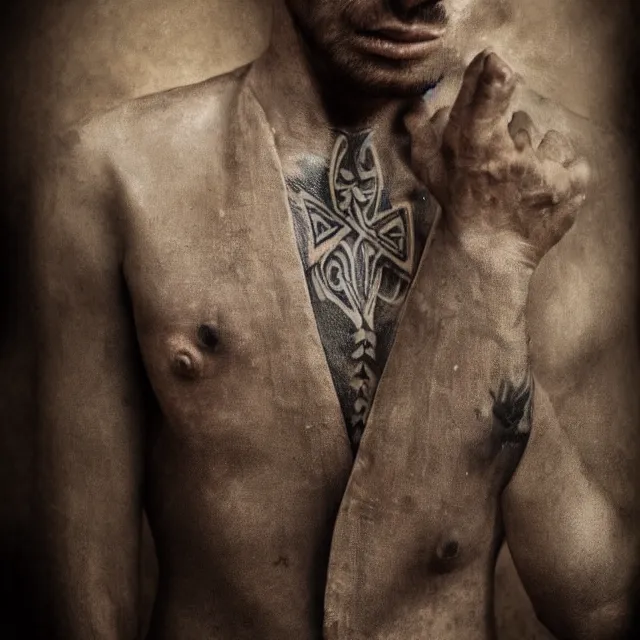 Image similar to photorealistic sepia painting of a male in a grey suit, nabatean aramaic tattoos on his skin, atmospheric lighting, brooding, painted, intricate, ultra detailed, well composed, best on artstation, cgsociety, epic, stunning, gorgeous, intricate detail, much wow, masterpiece, cinematic aesthetic octane render, 8 k hd resolution,