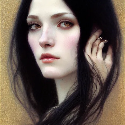 Image similar to Portrait of a beautiful, pale skin, female with long black hair, dark, piercing eyes, elegant clothing, photorealistic, highly detailed, artstation, smooth, sharp focus, art by Klimt, artgerm, Greg Rutkowski and Alphonse Mucha