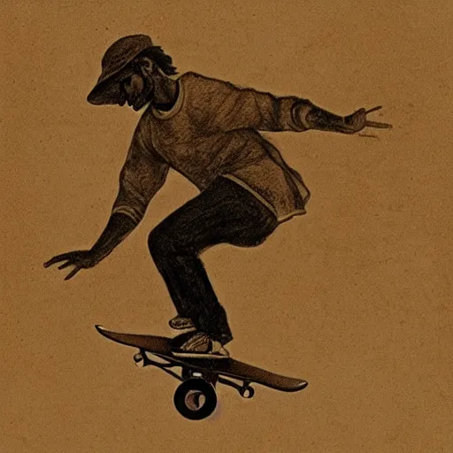 Image similar to luis vaz de camoes skateboarding, sketched by leonardo da vinci