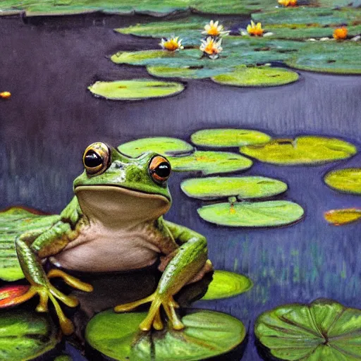 Image similar to oil painting close - up of a smiling frog in the pond with water lilies, high grey medieval castle on background, shallow depth of field, highly detailed, ominous, digital art, masterpiece, matte painting, sharp focus, matte painting, by isaac levitan, monet, asher brown durand,