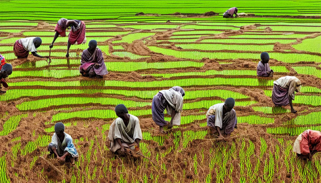 Image similar to Japanese and African Farmers tending to a rice field hyperrealistic, high definition, medium format photography, highly detailed, anamorphic 50mm lens