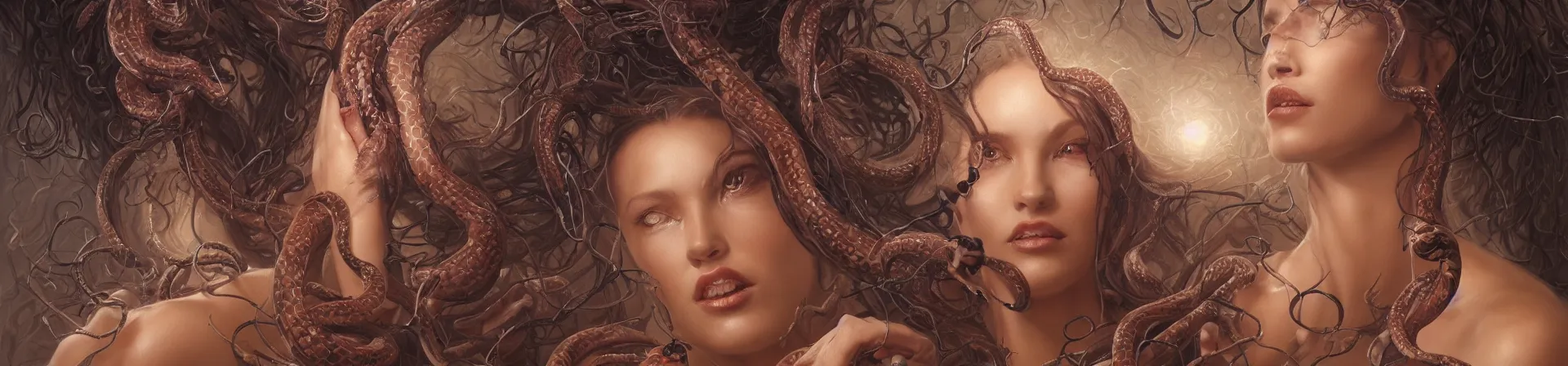 Image similar to beauty woman with snakes for hair, Medusa, detailed face, surrounded by spiders, very detailed, dramatic lighting, electrical details, high details, 4k, 8k, trending on artstation, by Greg Rutkowski, Wayne Barlowe, Hajime Sorayama and Boris Vallejo