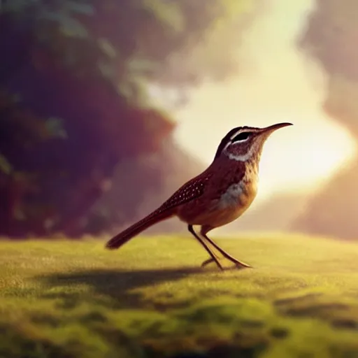 Prompt: closeup of a wren bird in avila, river edge, green fields, summer season, 4 k, midday light, concept art, by wlop, ilya kuvshinov, artgerm, krenz cushart, greg rutkowski, pixiv. cinematic dramatic atmosphere, sharp focus, volumetric lighting, cinematic lighting, studio quality