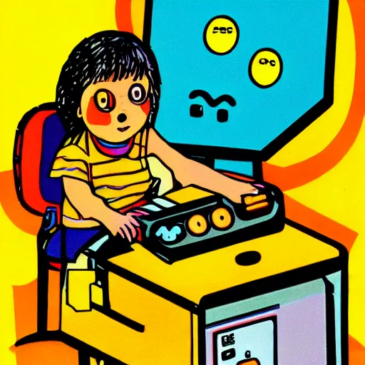 Prompt: illustration of Punky Brewster playing PAC-Man on a 1980s desktop computer by Elsa Beskow