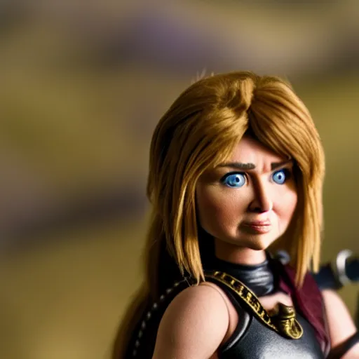 Image similar to a cinematic film still of a claymation stop motion film starring lucy lawless as xena warrior princess, shallow depth of field, 8 0 mm, f 1. 8