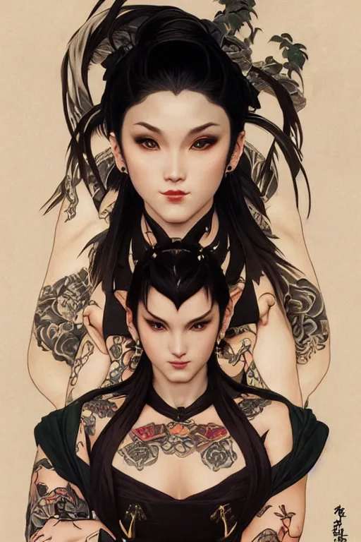 Image similar to portrait of goth Chun Li with yakuza tattoos, Street fighter, intricate, elegant, highly detailed, digital painting, artstation, concept art, smooth, sharp focus, illustration, art by artgerm and greg rutkowski and alphonse mucha and william-adolphe bouguereau and Gustav Klimt