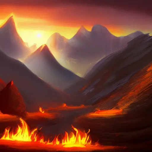 Prompt: mountain landscape, backlit by fire, 4 k, digital art, concept art, trending on artstation