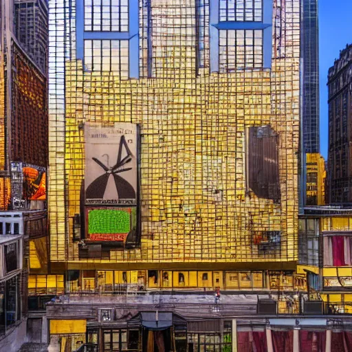 Image similar to a magnificent building of le Corbusier built in the middle of Time Square, gold hour, high quality, 4k