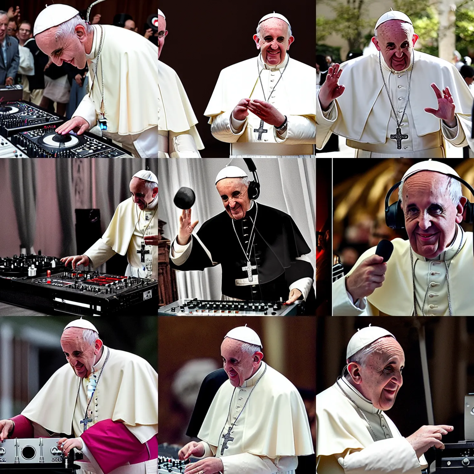 Prompt: the pope wearing headphones DJing with DJ turntables, photoreal