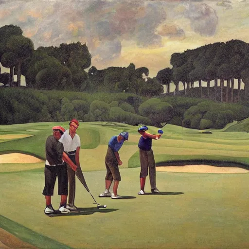 Image similar to Three golfers on a beautiful golf course driving range, by Diego Rivera