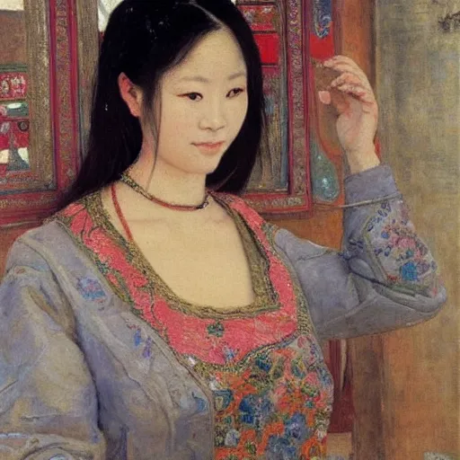 Prompt: portrait of asian beautiful woman masterpiece painting by vasnetsov and surikov, JEAN-VICTOR BERTIN, by Terence Cuneo, detailed, t artfully traced