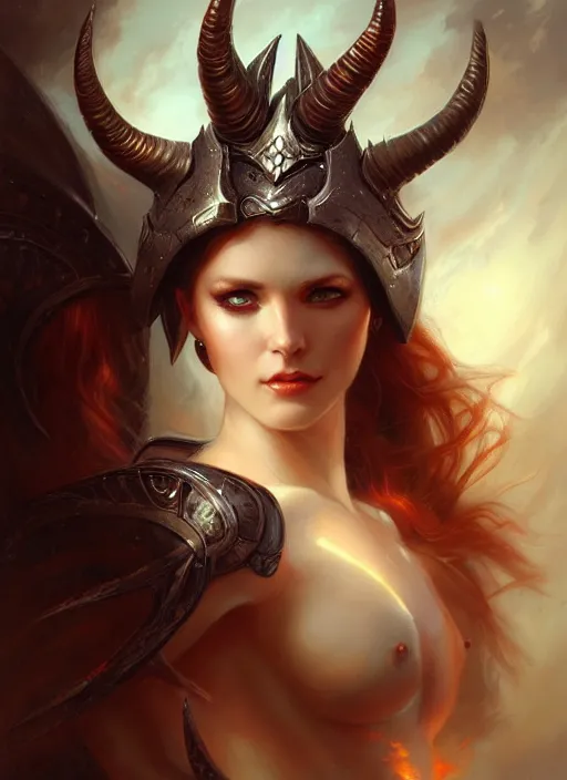 Image similar to a beautiful woman with horns and armor, painted by artgerm and tom bagshaw, fantasy art, dramatic lighting, highly detailed oil painting