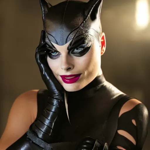 Image similar to margot robbie as catwoman, dc, photography, cute,