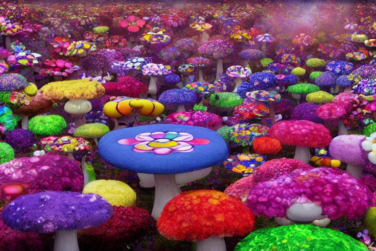 Prompt: Floral psychedelic apocalypse caused by the crashing of the Murakami flower meteor in the peaceful village of mushrooms, unreal engine 5 render, art by Takashi Murakami, Meteor made out of Murakami flowers, tiny mushroom village