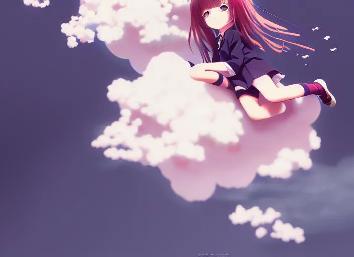 Image similar to anime a young a girl floating inside clouds,ink, Karolis Strautniekas,omoide emanon, tsuruta kenji, murata range,kawaii, kyoto animation, manga, intricate, detailed, studio lighting, gradation,editorial illustration, matte print, Ilya Kuvshinov