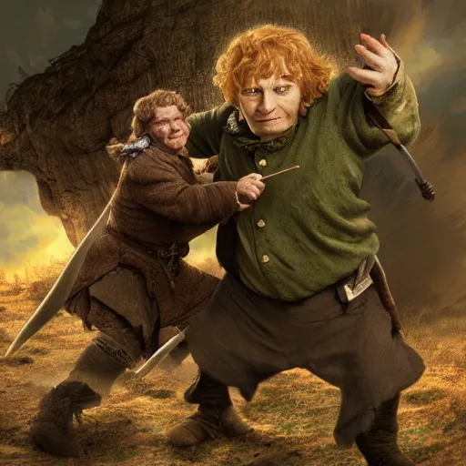 Image similar to Bilbo Baggins fighting an orc detailed 4K digital art