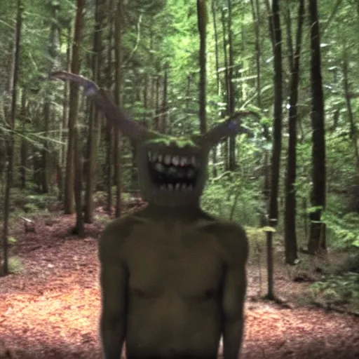 Prompt: creepy found footage of a monster in the woods