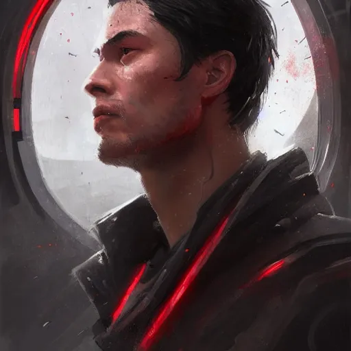 Image similar to portrait of a man by greg rutkowski, mixture between russian and japanese, black messy hair, star wars expanded universe, he is about 2 0 years old, wearing red tactical gear of the galactic triunvirate, highly detailed portrait, digital painting, artstation, concept art, smooth, sharp foccus ilustration, artstation hq