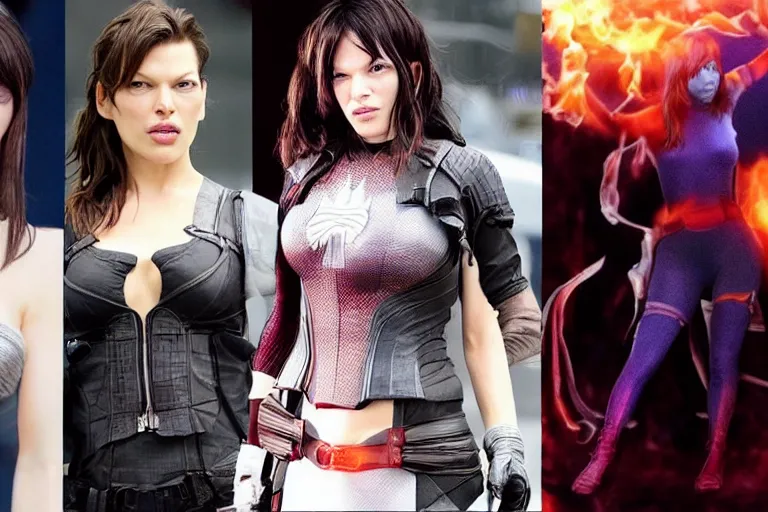 Prompt: Mila Jovovich as rinoa from final fantasy nime, kanye west as a japanese character Te Kā female lava and fire goddess character, character is in all its glory, Spiderman as electro