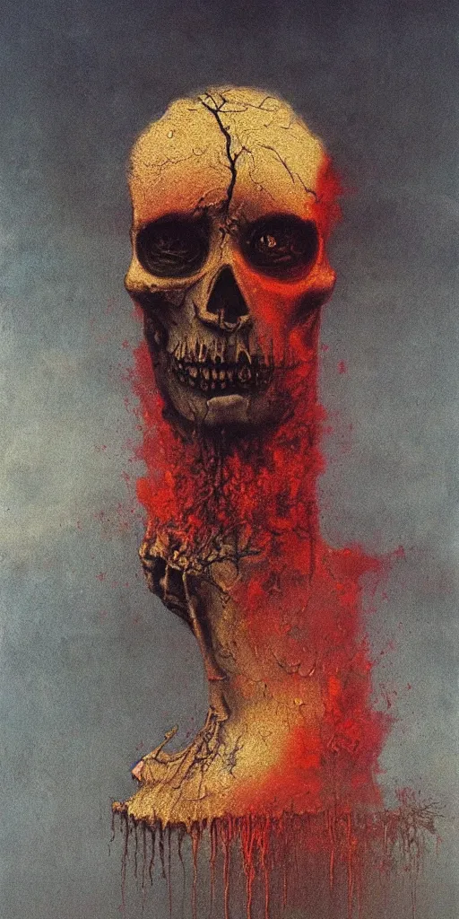 Prompt: portrait of sad man whose half face is golden skull, red ash floating, dust particles, dark atmosphere, lovecraftian, full of emotion, painting by beksinski