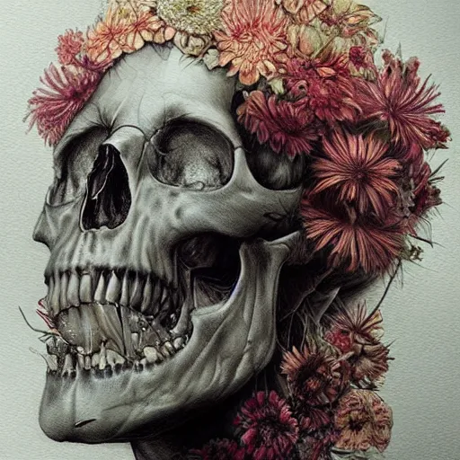 Prompt: Painting, Creative Design, Human Skull, Biopunk, Body horror, by Marco Mazzoni